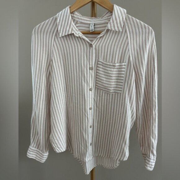 Gentle Fawn Beige White Striped Button Down Blouse 2XS XS Rayon Lightweight Casu - Picture 3 of 5